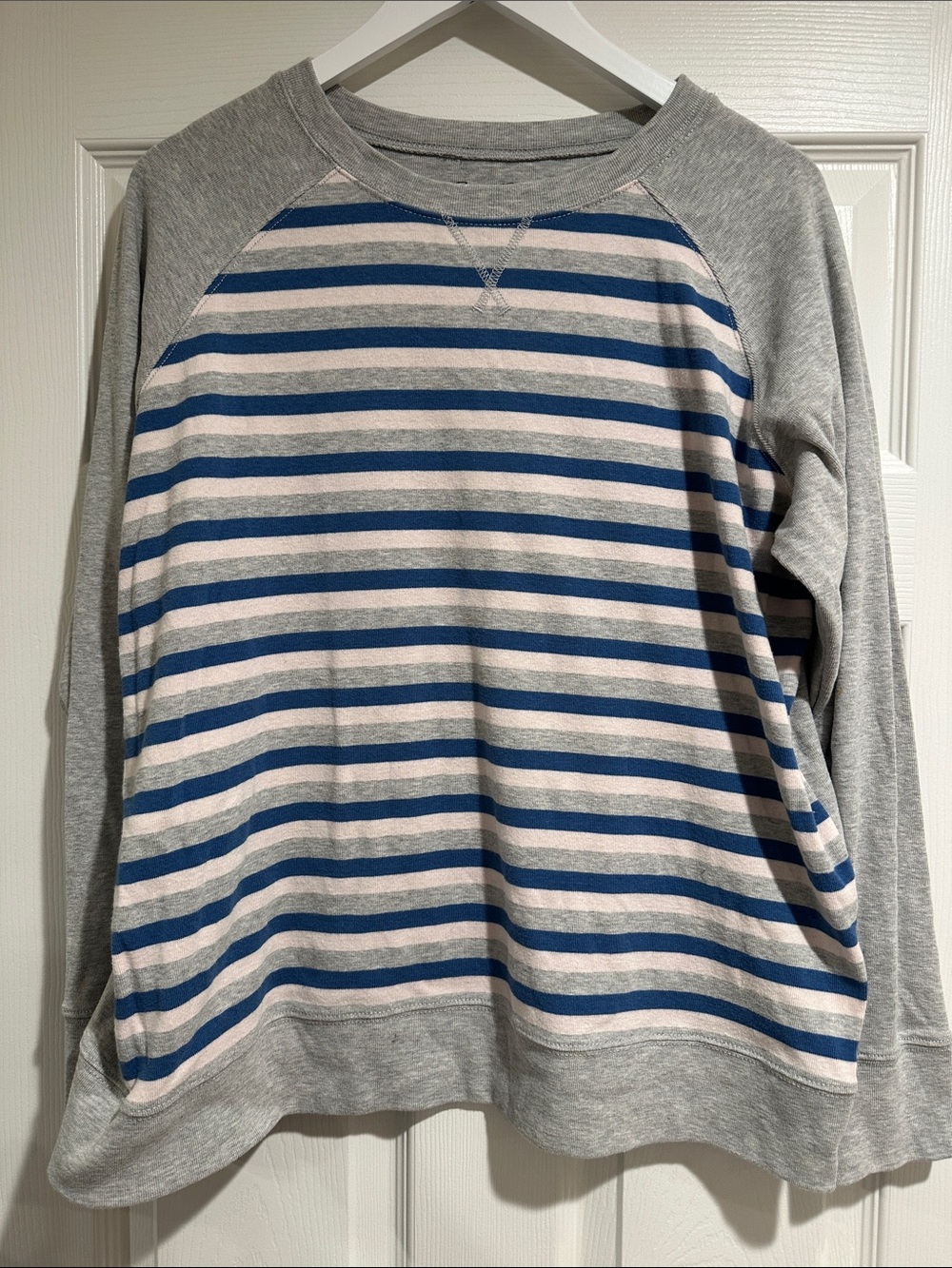 Eddie Bauer Women’s Pink Gray & Blue Striped Crewneck Sweater